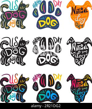 Dog day celebration badge collection set vector. Pet body, paw and head muzzle silhouette different color. Domestic animal happy traditional national Stock Vector