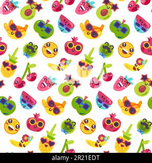 Fruit vitamin party food seamless pattern vector. Smiling strawberry and apple, banana and avocado, orange citrus and pineapple, cherry and kiwi, wate Stock Vector