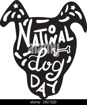 Dog head day national holiday celebration vector. Cute pet muzzle silhouette funny monochrome and text word decorated bone and star. Domestic animal f Stock Vector