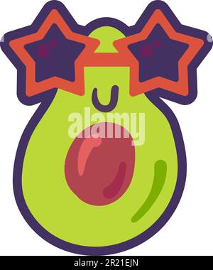 Avocado plant emoji funny happy expression vector. Smiling blissful and joyful vitamin food face in style sunglasses in star shape. Comic lucky nutrit Stock Vector