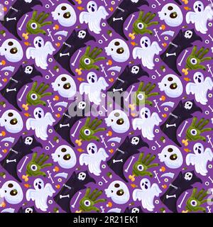 Halloween death holiday seamless pattern vector. Scary ghost and spooky hand with eye, skeleton bone and skull, grim reaper with scythe, eyeball and m Stock Vector