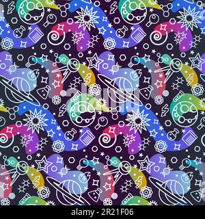 Space universe science seamless pattern vector. Saturn and jupiter planets, satellite and stars, laboratory flask for researching chemical liquid and Stock Vector