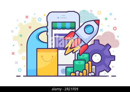 Mobile sale store launching application vector. Internet shop phone app development business process, marketplace electronic commerce. Launch rocket, Stock Vector