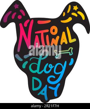 Dog head day national holiday celebration vector. Cute pet muzzle silhouette funny color and text word decorated bone and star. Domestic animal festiv Stock Vector