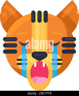 Tiger crying expression cute funny emoji vector. Tropical animal face with closed eyes with weeping and open mouth. Depressed and offended smile emoti Stock Vector