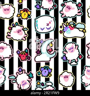 Night Sweet Dreams Symbols Seamless Pattern Banner. Sleeping Sheep and Pillow, Wake-up Clock and Moon, Cloud and Stars Isolated on Black and White Str Stock Vector