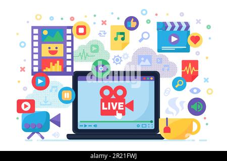 Multimedia live stream production idea concept icon. Creating news content for online broadcasting flat illustration. Modern cover design. Vector isol Stock Vector
