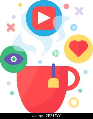 Watching video with hot drink concept icon. Red mug and follow sign. Feedback after viewing idea thin line illustration. Vector isolated outline color Stock Vector
