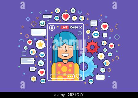 Asian female streamer flat color vector character. Japanese girl recording content video. Woman blogger shoots live stream isolated cartoon illustrati Stock Vector