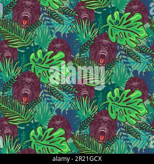 Angry gorillas seamless wallpaper pattern cartoon vector art work. Animals head in green jungle leaves flat style. Children room wallpaper, notebook, Stock Vector