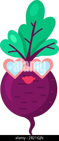 Turnip vegetable food emoji happy emotion vector. Lady smile in healthy vitamin plant root with green leaves shape wearing sunglasses in heart form. C Stock Vector