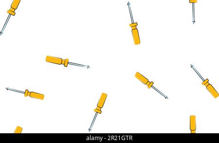 Texture, seamless abstract pattern of metal construction plastic yellow screwdrivers for repair, tool on white background. Vector illustration. Stock Vector