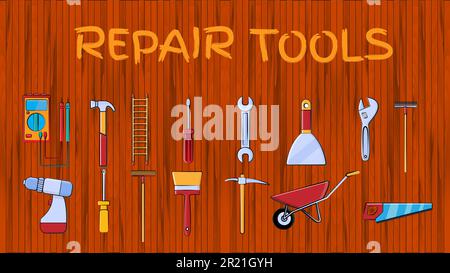 Set of icons of building plumbing garden tools: shovel saw hammer brush rake trolley spatula, screwdriver pickaxe wrench on a wooden background with t Stock Vector