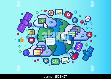 Global data social network 5G internet vector flat design. Worldwide wi-fi internet satellite navigation system moving on Earth orbit, cloud storage s Stock Vector