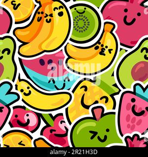 Happy fruits seamless pattern color wallpaper vector cartoon flat design. Fresh summer fruit, berries with cute smiling faces. Summer harvest, colorfu Stock Vector