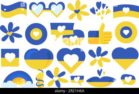 Ukraine national flag colored symbol set vector. Air balloon and heart, star and flower, rainbow coloring blue and yellow. Flat cartoon illustration Stock Vector