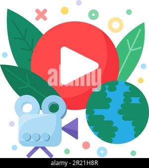 Social live stream concept icon. Video camera and play round button. Global news idea semi flat illustration. Vector isolated outline color Stock Vector