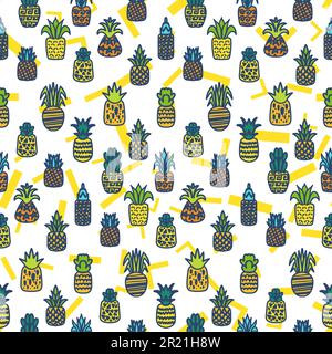 Whole pineapples vector seamless pattern. Summer juicy fruits, tropical wallpaper, textile design with memphis background Stock Vector