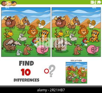 Cartoon illustration of finding the differences between pictures educational game with animal characters Stock Vector