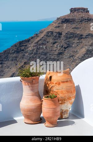 Clay pots on the terrace of Santorini, Greece. Stock Photo