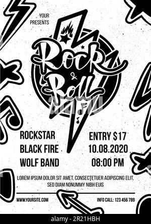 Rock and roll advertising monochrome poster vector. Rock n roll show announcement vintage banner, music label, heavy metal band show invitation flyer, Stock Vector