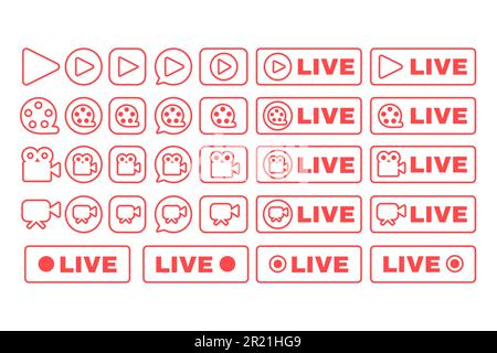 Social live stream linear icons set. Web streaming badges pack. Online broadcast news thin line contour button symbols. Isolated vector outline illust Stock Vector