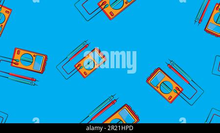 Texture, seamless pattern of red and yellow instruments for measuring the strength and voltage of an electric current, a multimeter, a tester, an elec Stock Vector