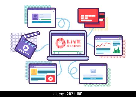 Web live stream support concept illustration. Business online broadcast semi flat icon. Data analysis and content creation on laptop display. Vector i Stock Vector
