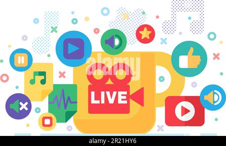Live stream production concept illustration. News semi flat badges. Social media modern cover design. Materials for online broadcasting. Vector isolat Stock Vector