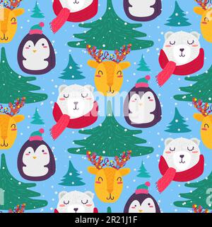 Christmas funny winter animals seamless pattern vector. Cute bear, deer, hedgehog near christmas tree in forest. Happy new year holiday celebrating, g Stock Vector