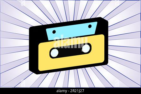 Retro old antique musical audio cassette from the 70s, 80s, 90s, 2000s against a background of abstract blue rays. Vector illustration. Stock Vector