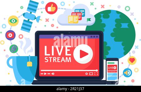 Live stream concept icon. Online broadcast news idea semi flat illustration. Button play. Modern channel design. Vector isolated color drawing Stock Vector