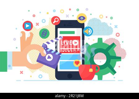 Mobile live stream concept illustration. Online streaming on smartphone. Hand with clapperboard. Modern semi flat design. Vector isolated color drawin Stock Vector