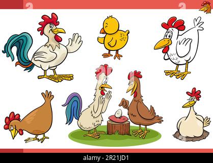 Cartoon illustration of chickens farm birds characters set Stock Vector