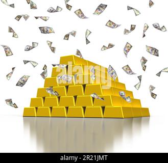 stacks of gold ingots or golden bullion bars and falling dollar bills Stock Photo