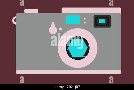 Old, vintage, pink, with a blue diaphragm retro camera on a brown background. Vector illustration. Stock Vector