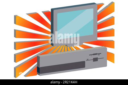 Volumetric 3d retro, hipster, antique, old, antique, personal computer against the background of orange rays. Vector illustration. Stock Vector