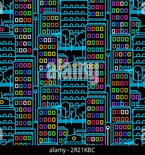 Neon city construction seamless pattern vector. Shining and glowing skyscraper business center and shop market mall, house and school, university and Stock Vector