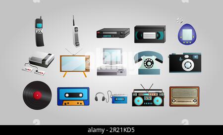 Old beautiful retro hipster set of computer electronics electronics 70s, 80s, 90s on a white background. Stock Vector