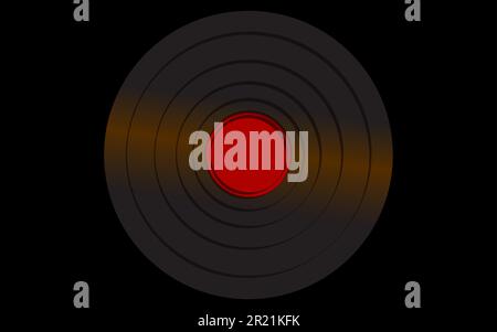 Black iridescent vinyl musical analogue retro old antique hipster vintage gramophone record with a red center for a gramophone on a black background. Stock Vector