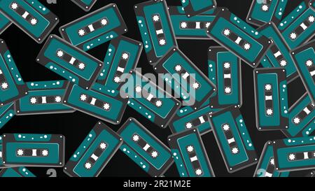 Seamless pattern endless with music audio cassettes old retro vintage hipster from 70s, 80s, 90s isolated on black background. Vector illustration. Stock Vector