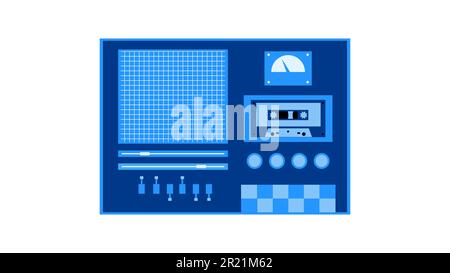 Old retro blue vintage music cassette tape recorder with magnetic tape on reels and speakers from the 70s, 80s, 90s. Beautiful icon. Vector illustrati Stock Vector