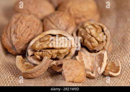 Walnut and nutshells in a close up Stock Photo