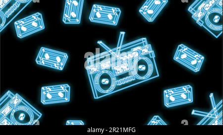 Seamless pattern, texture of beautiful abstract neon bright blue glowing old retro music audio recorder and cassettes from the 80s, 90s and copy space Stock Vector