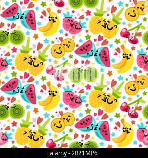 Sweet valentine day emoji seamless pattern vector. Pineapple and kiwi, strawberry and orange, banana and watermelon fruit and berry kissing in festive Stock Vector