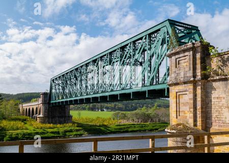 16 May 2023. Boat O' Brig Railway Bridge, River Spey,Orton,Moray,Scotland. This is the Railway Bridge over the River Spey on a sunny May afternoon 202 Stock Photo