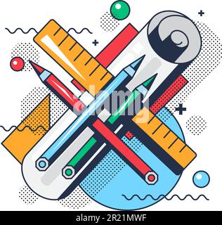 Design project tool for creation concept vector. Color pencil, ruler and paper list artist or architect accessory for painting picture or drawing cons Stock Vector