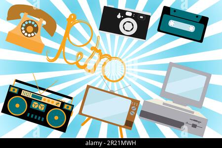 A set of retro electronics, technology. Old, vintage, retro, hipster, antique kinescope TV, computer with floppy, disk phone, camera, cassette audio t Stock Vector