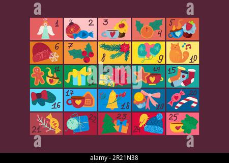 Xmas advent creative calendar accessory vector. Christmas surprise decorated angel and bell, present box and fir-tree, cream cake and drink cup, cat a Stock Vector