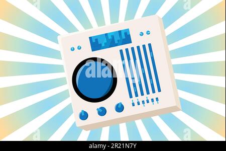 Old retro vintage poster with audio music equipment vinyl dj board with sliders and cranks and buttons from the 70s, 80s, 90s against the background o Stock Vector